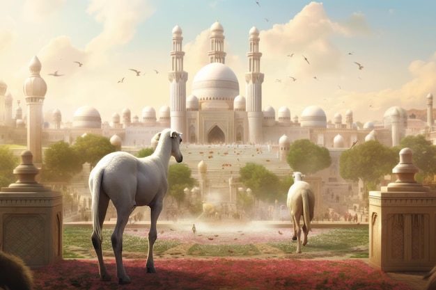 Biały koń stoi przed dużym budynkiem z wielkim meczetem w tle.