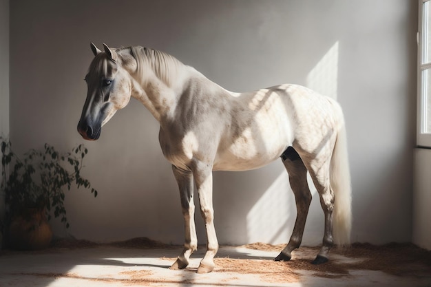Biały koń stoi w białym pokoju z oknem z napisem „koń”.