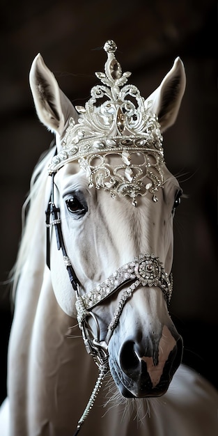 Zdjęcie biały koń z koroną na głowie i uchwytem na głowie