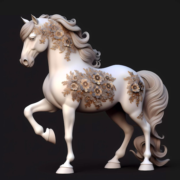 Biały koń ze złotymi kwiatami na głowie i grzbiecie.