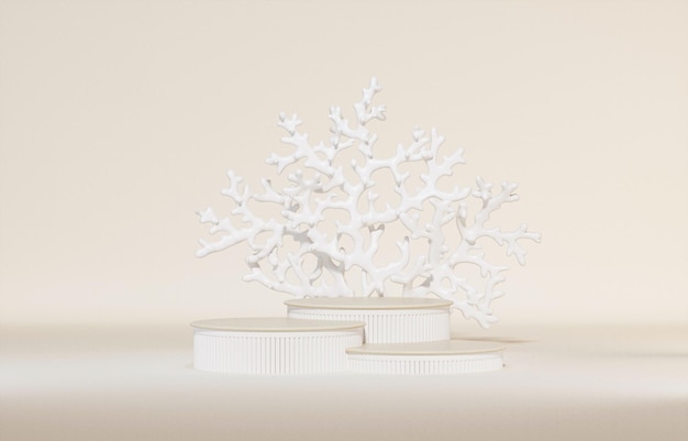 Biały koral na abstrakcyjnym tle grafiki na sezon Białe suche drzewo i podium Modny render 3d