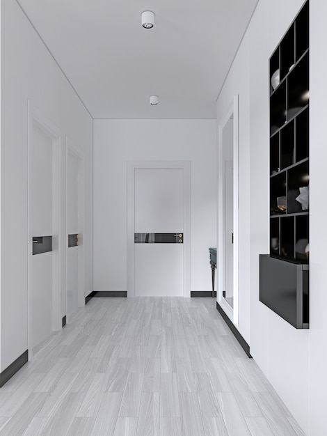 Biały korytarz z drzwiami i wbudowanymi czarnymi półkami z wystrojem w stylu skandynawskim. renderowanie 3d
