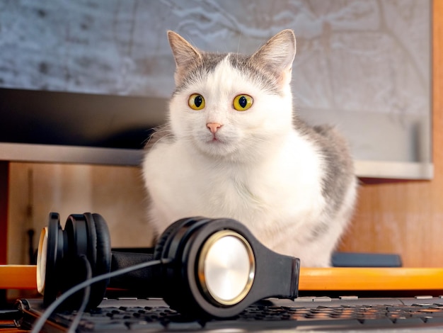 Biały kot cętkowany w pobliżu komputera i słuchawek