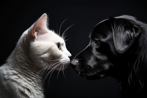 Biały kot i czarny pies razem Najlepsi przyjaciele ilustracja wygenerowana przez sztuczną inteligencję