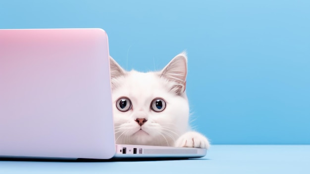 biały kot na niebieskim tle pracuje przy komputerze