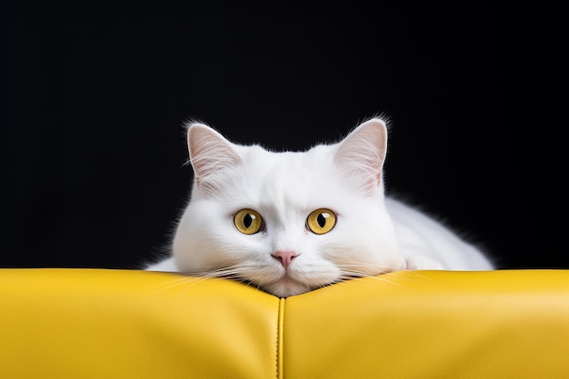 Biały kot na żółtym fotelu