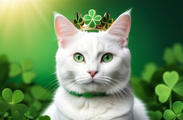biały kot noszący koronę w kształcie koniczyny otoczony liśćmi koniczyny na uroczystości Dnia św. Patryka