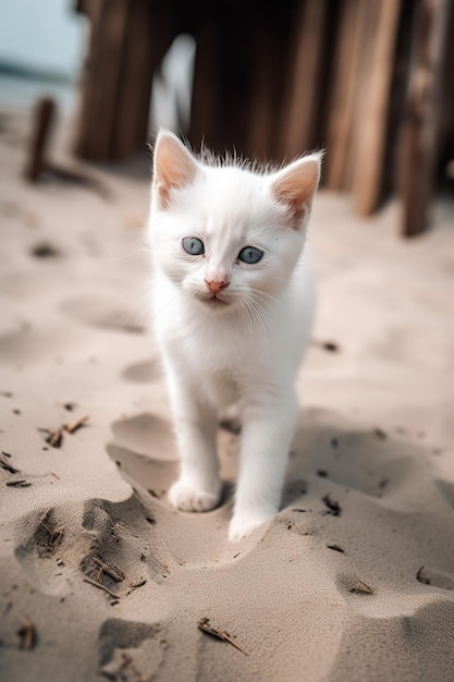 Biały kot o niebieskich oczach chodzi po piasku.