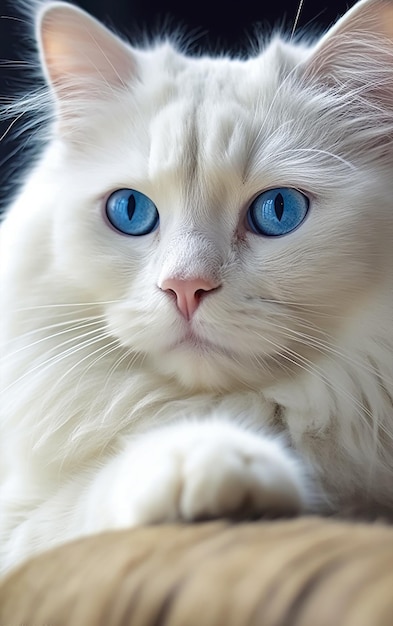 Biały kot o niebieskich oczach siedzi na niebieskim tle