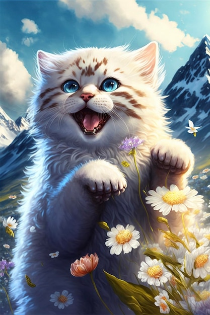 Biały kot o niebieskich oczach stojący w polu generatywnych kwiatów ai