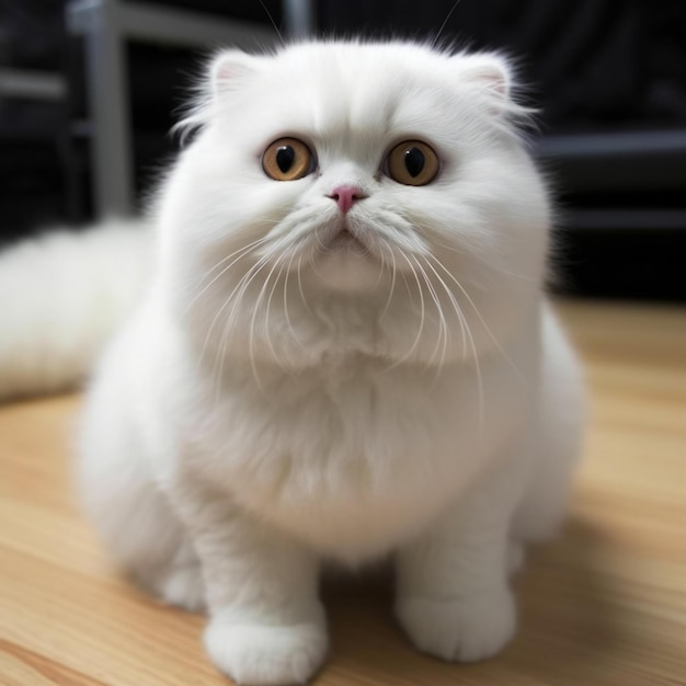 Biały kot perski siedzi na drewnianej podłodze i patrzy na kamerę