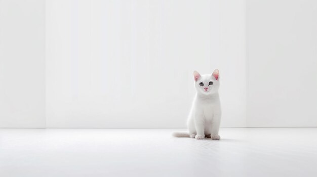 Biały kot siedzi na białej podłodze.