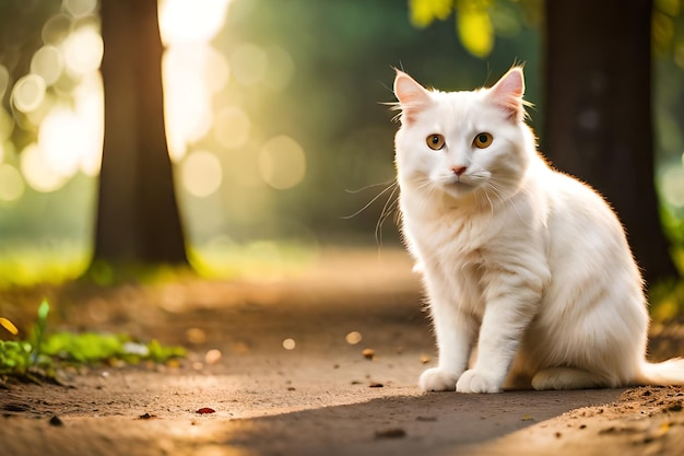 Biały kot siedzi na ścieżce w lesie.