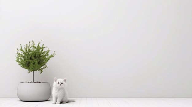 Biały kot siedzi przed rośliną na białej podłodze.