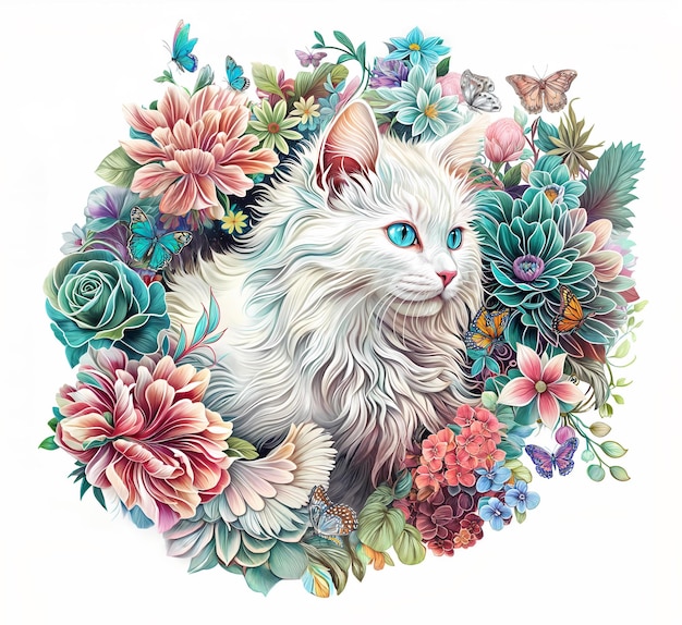 Zdjęcie biały kot siedzi w środku obrazu otoczony kolorowymi kwiatami i motylami