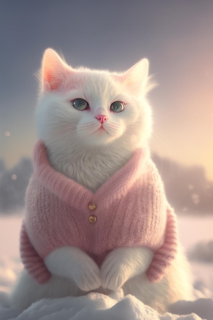 Biały kot ubrany w różowy sweter siedzi w generatywnym śniegu ai