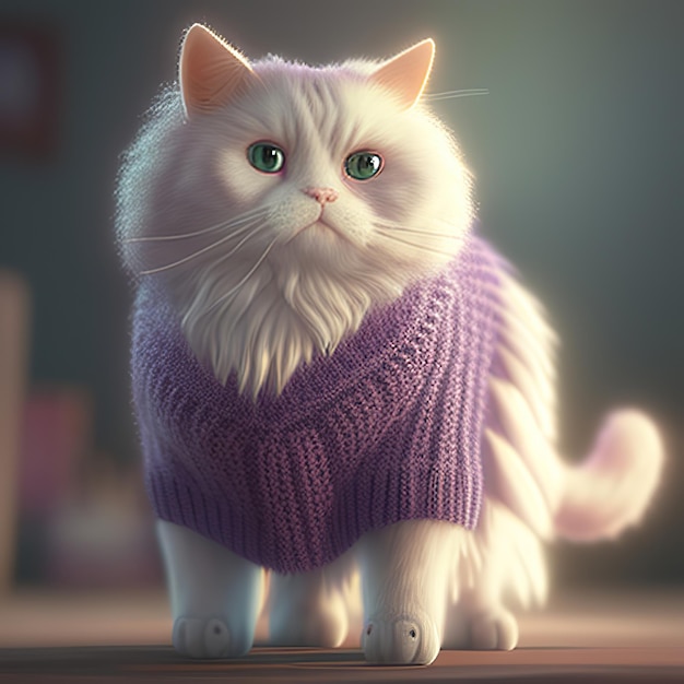 Biały kot w fioletowym swetrze Obraz generatywny AI