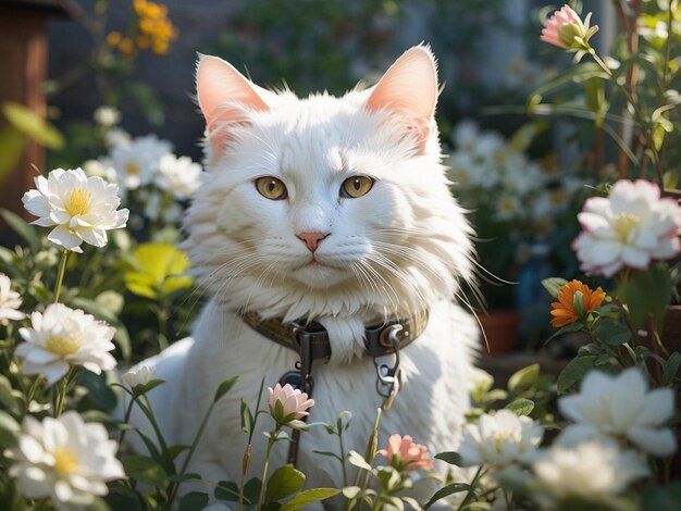 Biały kot w ogrodzie