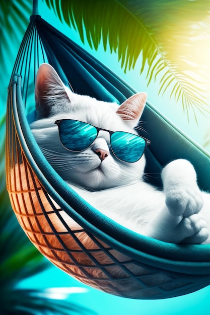 Zdjęcie biały kot w okularach przeciwsłonecznych leżący w hamaku z palmami w tle generacyjna sztuczna inteligencja