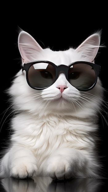 biały kot w okularach przeciwsłonecznych na czarnym tle