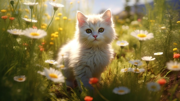 Biały kot w polu kwiatów