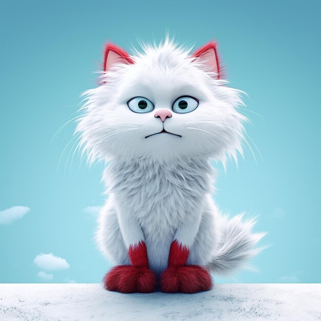 Zdjęcie biały kot z czerwonymi stopami i niebieskim niebem