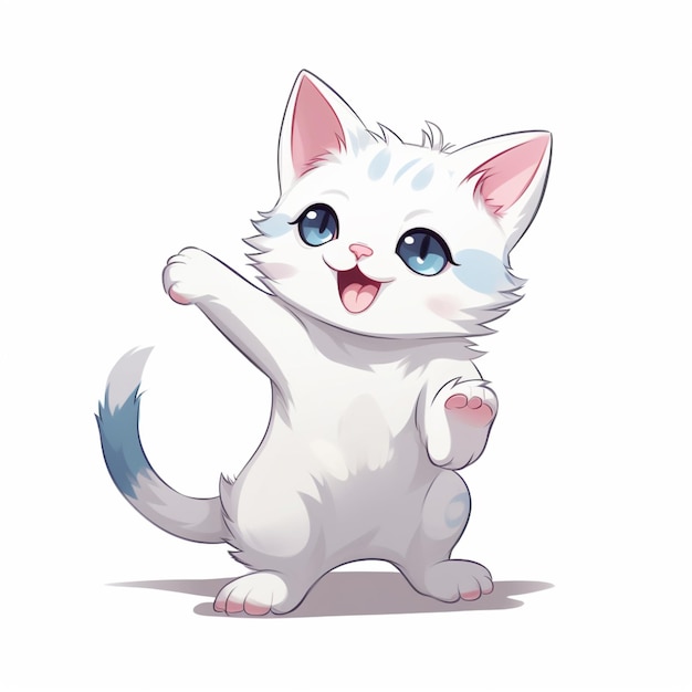 Biały kot z niebieskimi oczami i podniesioną łapą generatywny ai