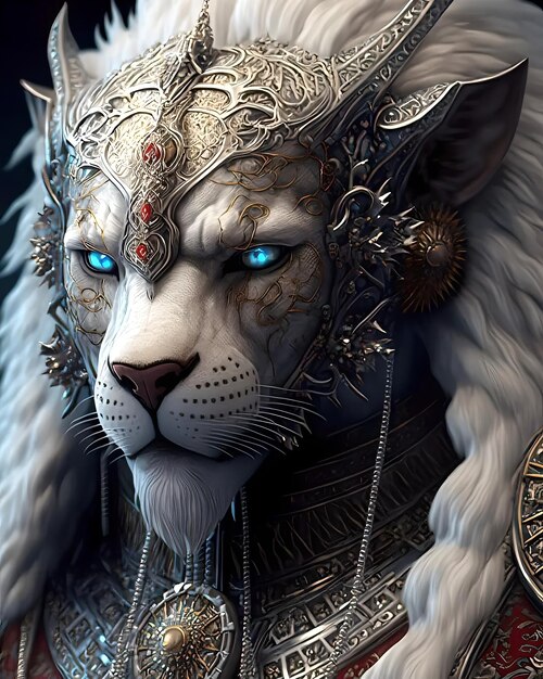 Biały kot z niebieskimi oczami i srebrną koroną
