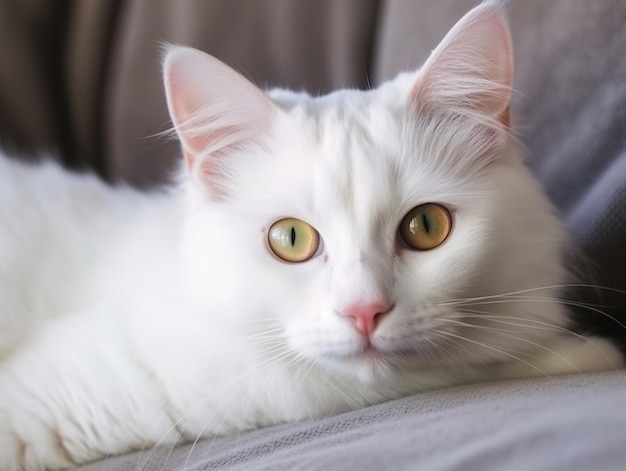 Biały kot z zielonymi oczami Turecka angora Van kotek z niebiesko-zielonymi oczami leży na białym łóżku Urocze zwierzaki heterochromia Ai