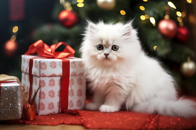 Biały kotek na prezencie świątecznym
