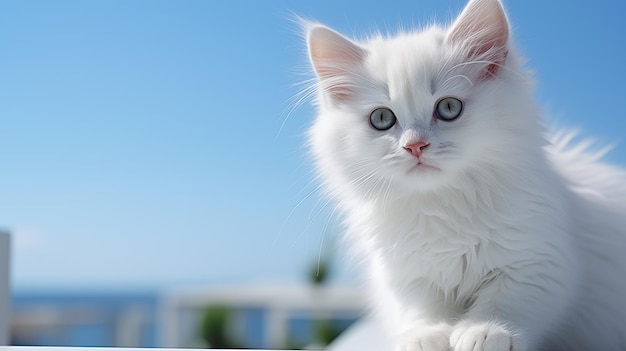 Biały kotek siedzi na parapecie otoczony niebieskim niebem.