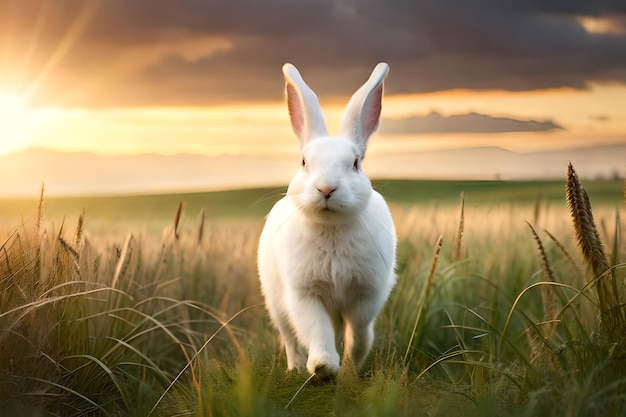 Biały królik biegnie przez pole, za którym zachodzi słońce