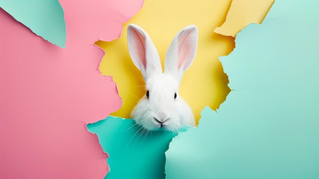 Zdjęcie biały królik patrzący przez rozerwany pastelowy kolor papieru tła koncepcja plakat wielkanocny