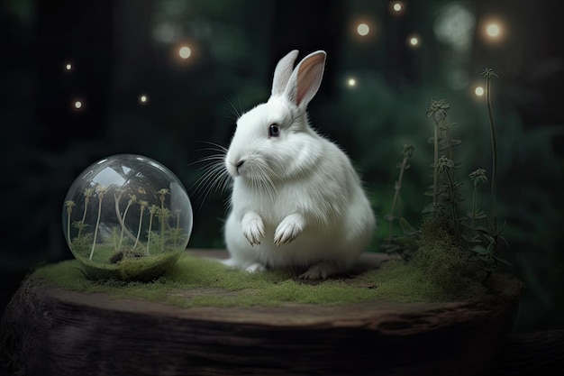 Biały królik patrzy w ciemności na szklaną kulę