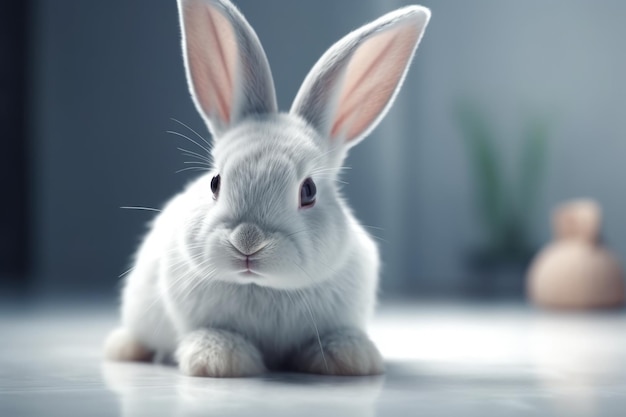 Biały królik siedzący na podłodze
