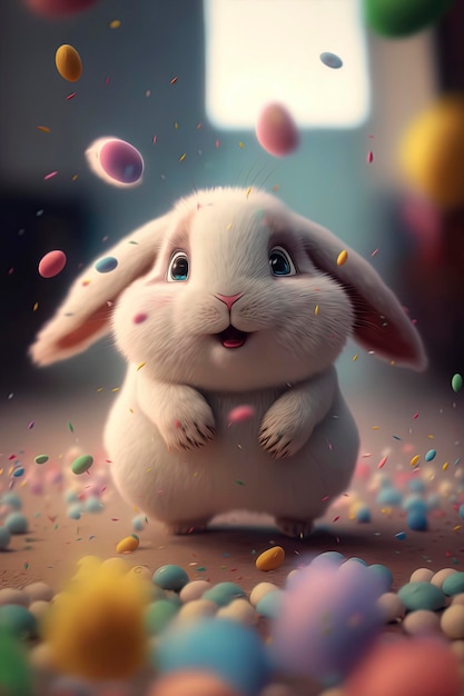 Biały królik siedzi na stosie jajek z spadającymi kolorowymi konfetti