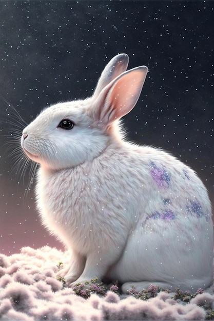 Biały królik siedzi na szczycie stosu generatywnej ai śniegu