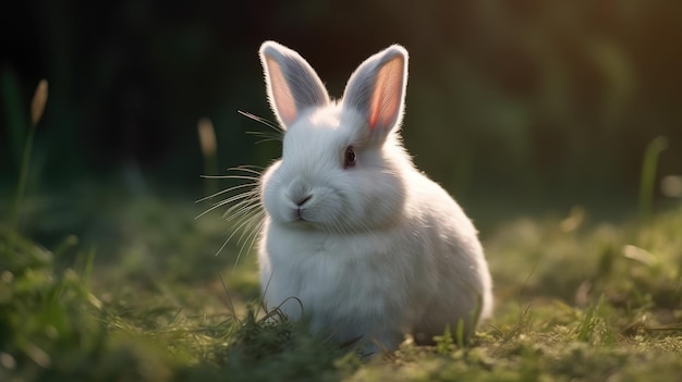 Biały królik siedzi na trawie przed zachodem słońca.