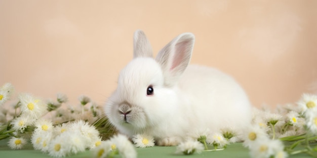 Biały królik siedzi na zielonym tle z kwiatami.