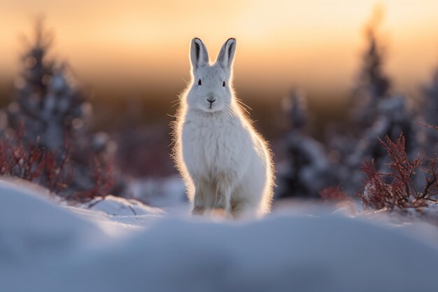 Biały królik stoi na śniegu przed złotym zachodem słońca.