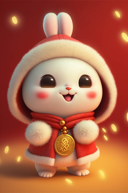 Zdjęcie biały królik ubrany w czerwony płaszcz i złoty medal generujący ai