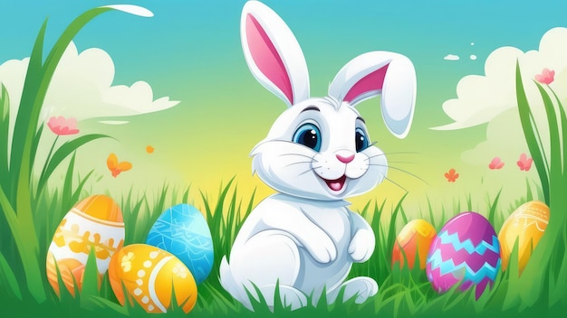 Biały królik wielkanocny z kreskówki obok jaj wielkanocnych siedzi na trawie na łące Szczęśliwej Wielkanoc