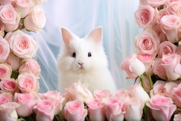Biały królik wygląda z ramy wykonanej z różowych róż narysowanych