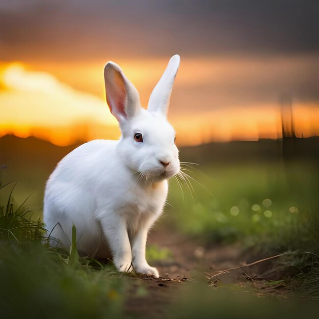 Biały królik z czarnym nosem siedzi na polu z zachodem słońca w tle.