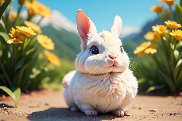 Biały królik z długimi uszami bawiący się na trawie ładny królik zwierząt tapeta tło