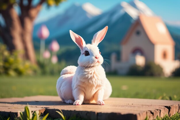 Biały królik z długimi uszami bawiący się na trawie ładny królik zwierząt tapeta tło