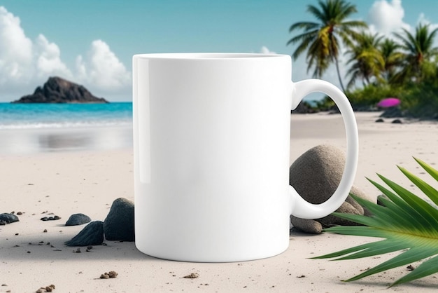 Biały kubek do kawy siedzi na plaży z palmą w tle.