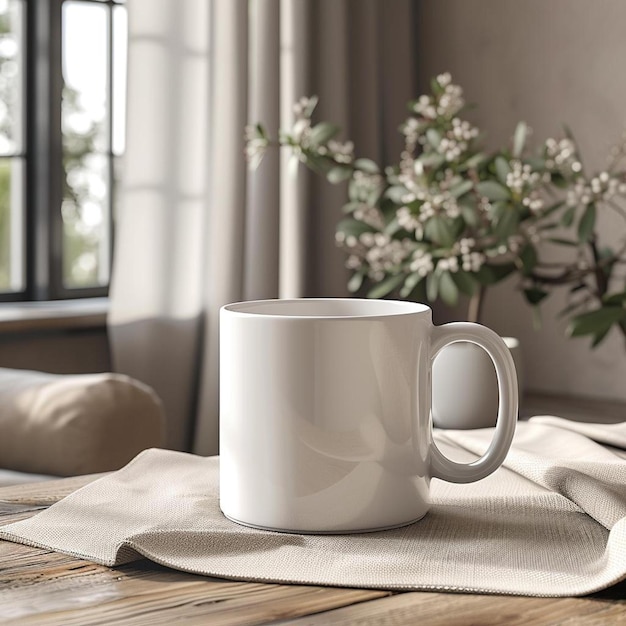 biały kubek kawy siedzący na górze stołu