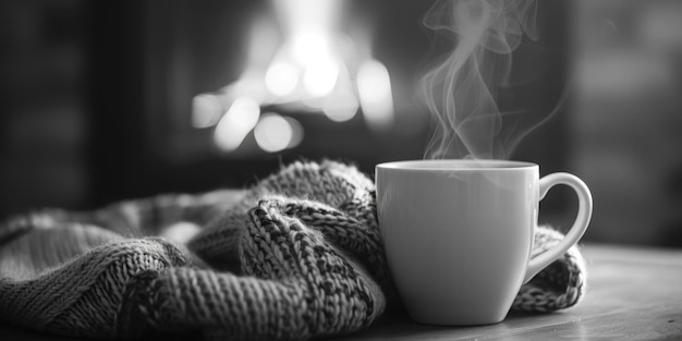 Biały kubek kawy siedzi na stole obok dzianego kocyka Para z kubka kawy wznosi się w powietrze tworząc przytulną i ciepłą atmosferę