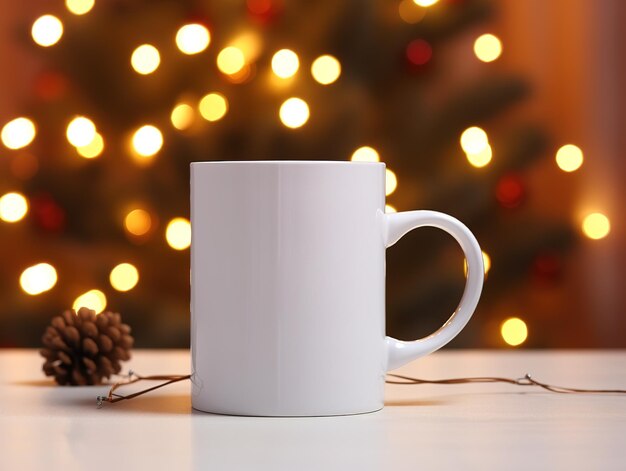 Biały kubek na białym stole z rozmytymi jasnymi światłami i prezentami w tle Zbliżenie ceramicznej filiżanki do reklamy i projektowania na Nowy Rok i Boże Narodzenie